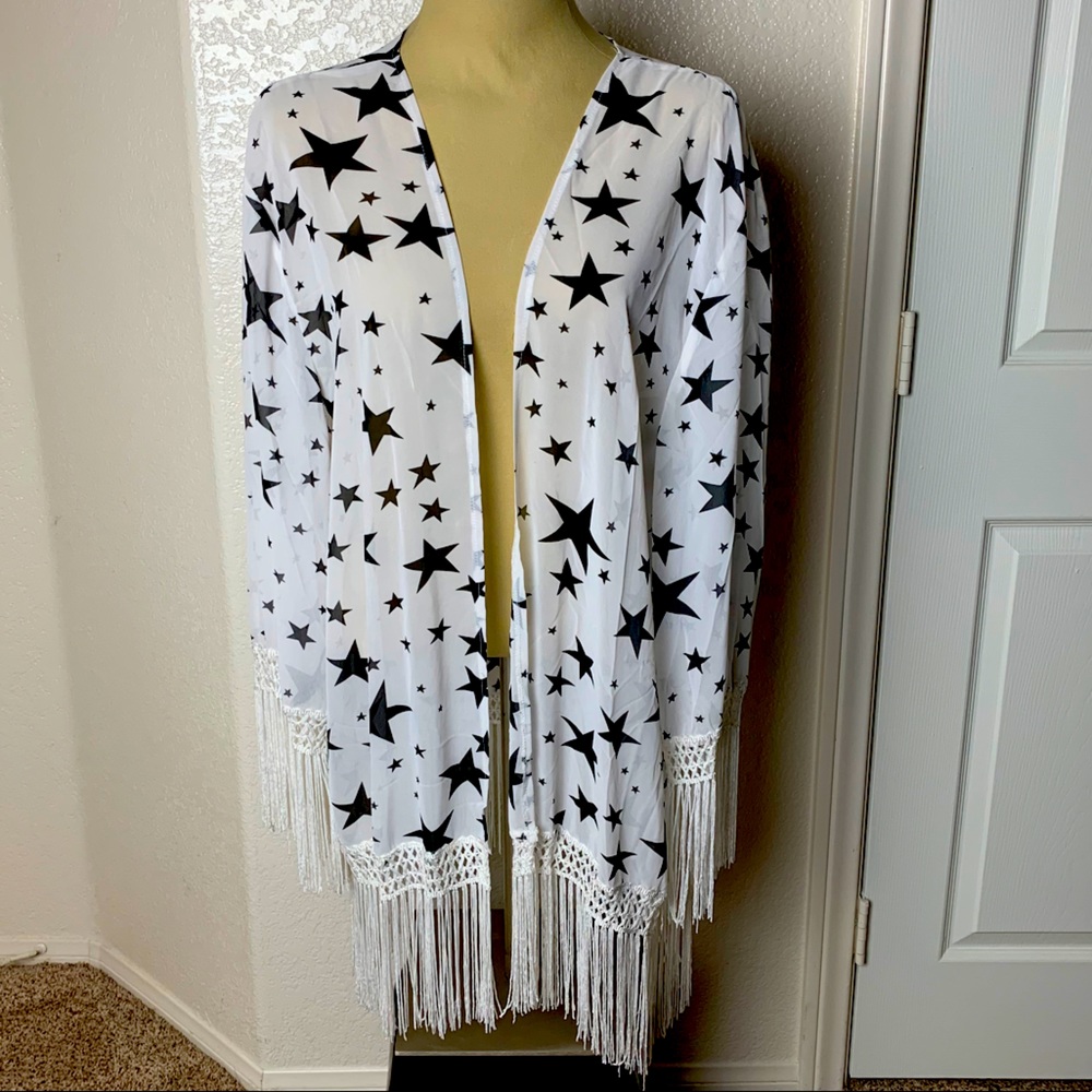White sheer Kimono with fringe and black stars